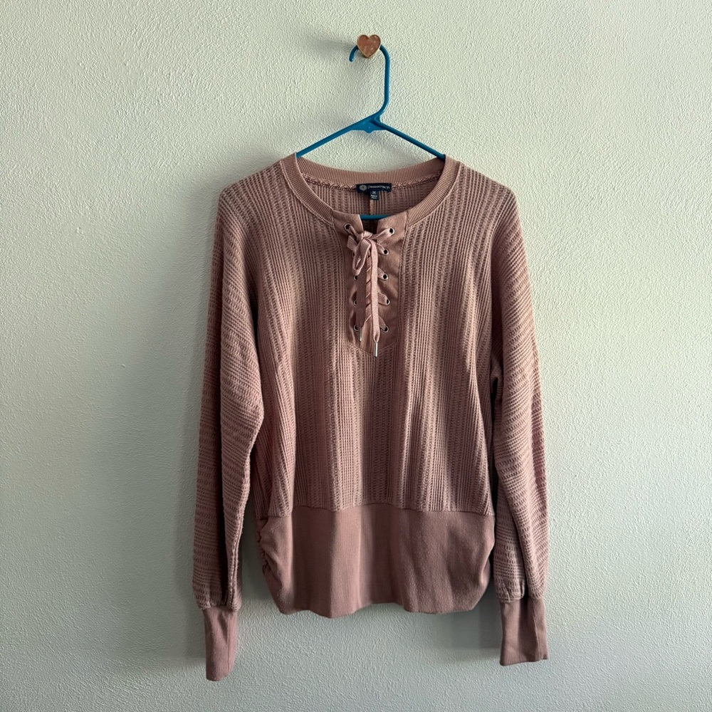 Democracy Pink Long Sleeve Lace Up Knit Sweater